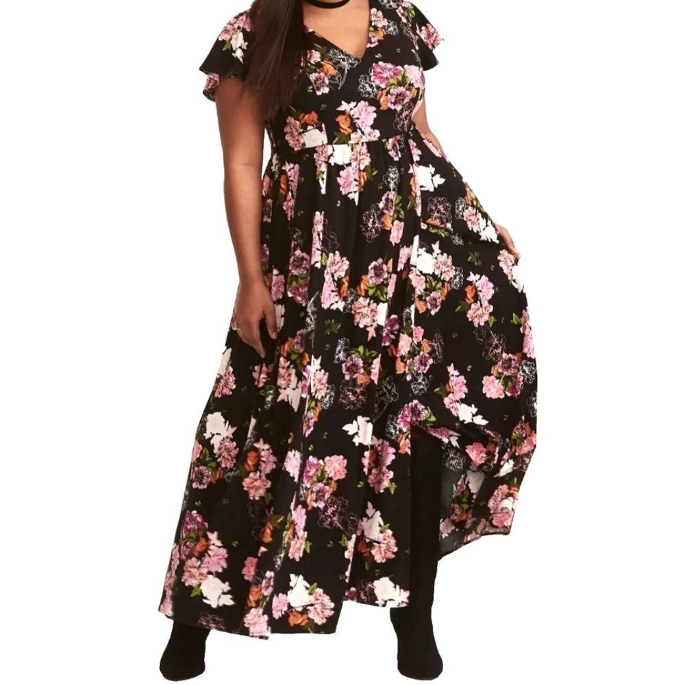Torrid Black Floral Slit Skirt Maxi Dress